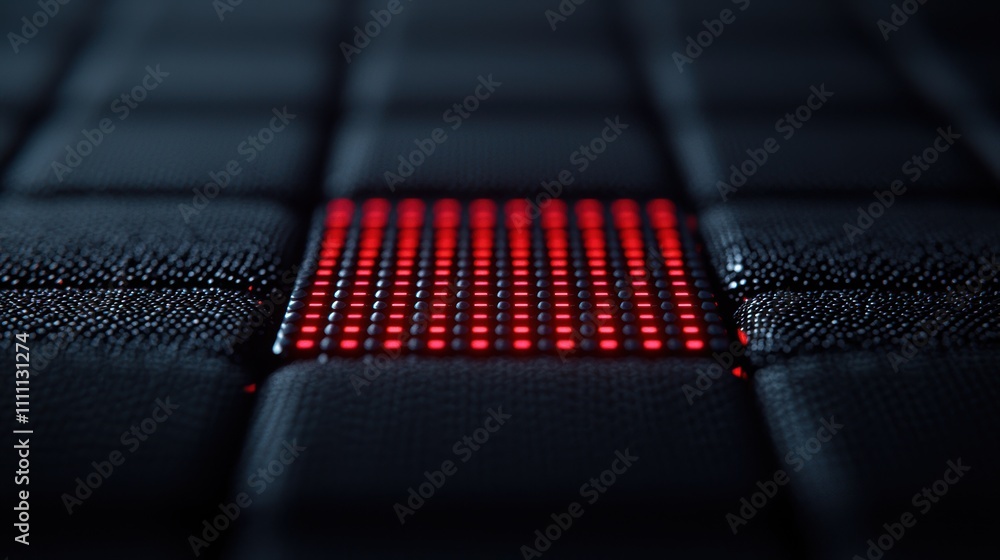 Poster close-up of a red glowing led grid on a dark textured surface with surrounding blue lighting.