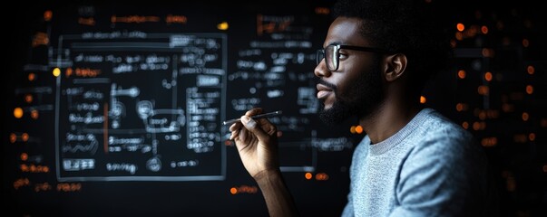 Man with glasses holding a pen and looking at a transparent digital interface with charts and diagrams on a dark background
