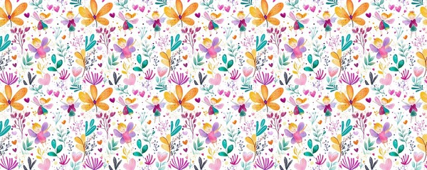 Obraz premium seamless pattern of Whimsical watercolor fairies pink purple flowers gold joyful spring fantasy 