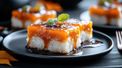 A beautiful dessert featuring square rice portions topped with a fruity layer and garnished with sprigs of mint, drizzled with a luscious glaze.