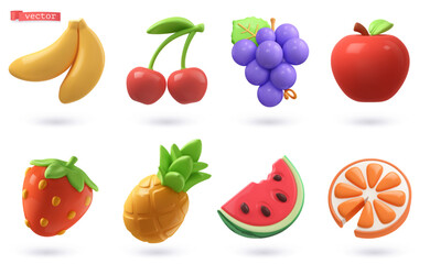 Fruits and berries icon 3d render cartoon vector set. Banana, cherry, grape, apple, strawberry, pineapple, watermelon, orange