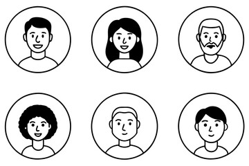 Faces set line art isolated with round. icons with people faces. Portrait concept. on white background.