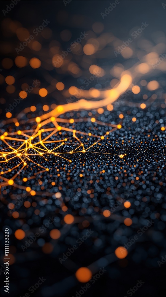 Poster abstract glowing neural network with orange and black bokeh lights. futuristic digital connections a