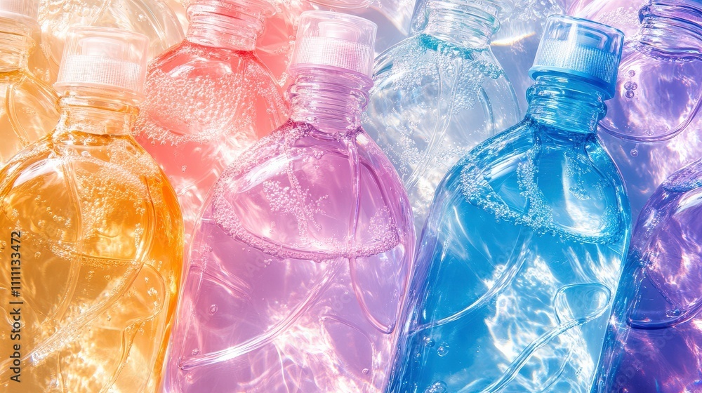 Poster reflective bottles of colorful liquid water with bubbles and bright background for creative and arti
