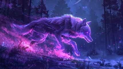 Obraz premium Glowing purple wolf running in a mystical forest at night.