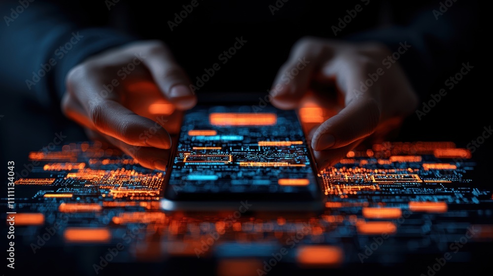 Poster hands holding a smartphone with glowing interface of digital data.