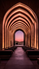 Obraz premium Serene sunset view through a series of arches in a modern architectural space. Warm lighting illuminates the interior.