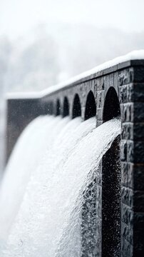 Snow-covered stone bridge with cascading water from multiple arches.
