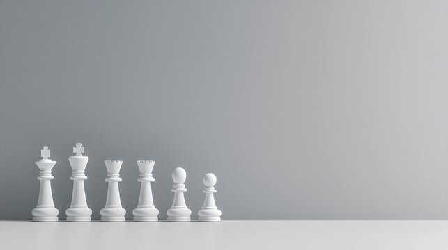 Row of white chess pieces against a neutral gray background with empty space.
