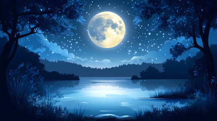 Naklejka premium Serene nocturnal landscape featuring a full moon, starlit sky, and tranquil lake reflecting celestial bodies. Nocturnal. Illustration