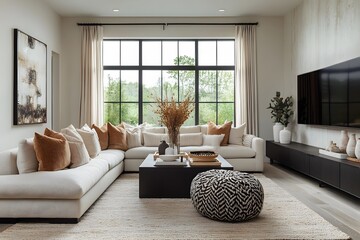 Contemporary room with large sectional sofa, lcd tv panel, neutral tones, and modern decor accents. Minimalist home interior design of modern living room. 