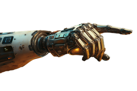 A mechanical hand pointing, designed for use in AI, automation, and robotics visuals