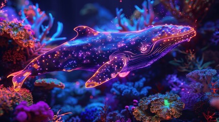 Luminous whale swims through vibrant coral reef.