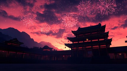 Obraz premium Festive Fireworks over Asian Temple at Sunset
