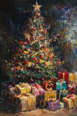 Fototapeta premium An enchanting holiday illustration brimming with Christmas cheer, capturing joyful moments with festive decorations, glowing lights, and a warm, lively atmosphere. Perfect for wallpaper and posters, i