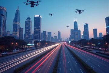 Fototapeta premium Aerial View of a Modern Cityscape Featuring Drones and Bright Urban Lights During Twilight, Showcasing Innovative Technology and Urban Life