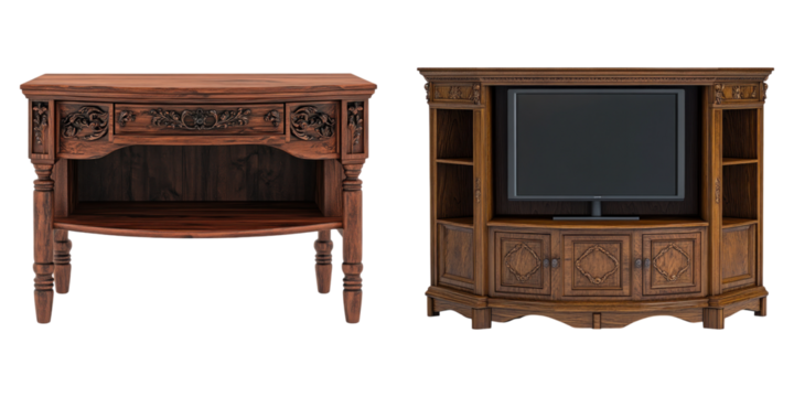 Classic corner TV stand isolated on transparent background, Set of