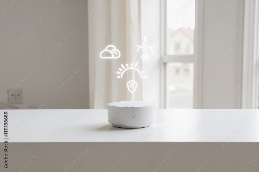 Poster modern smart home device with hologram display showing cloud and security icons in cozy living space