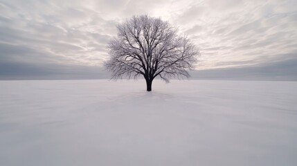 Solitary tree in a snow-covered field under a cloudy sky. The scene evokes a sense of peace and solitude.