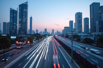 Fototapeta premium Vibrant Cityscape at Dusk with Dynamic Traffic Flow Illuminating the Modern Skyline and Skyscrapers Under a Beautiful Evening Sky