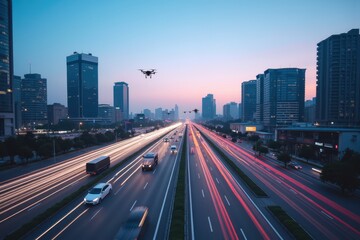 Fototapeta premium Aerial View of a Bustling Cityscape at Dusk with Drone Overhead Capturing Urban Life and Traffic Flow in a Modern, AI-Driven Environment