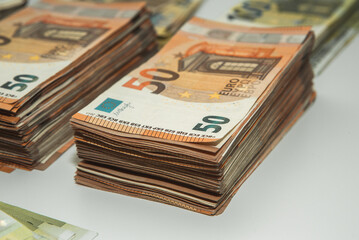 Euro banknote cash money. Lot of banknotes of European union currency close up. Financial investment, savings, income earnings concept.