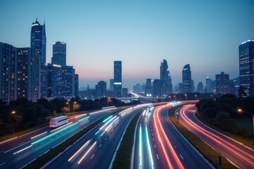 Beautiful city skyline at twilight featuring vibrant traffic light trails and modern skyscrapers under a dusky sky with hints of artificial intelligence influence in urban planning