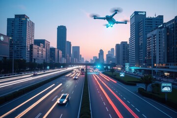 Obraz premium Aerial View of a Modern City at Twilight with an AI-Driven Drone Flying Over Busy Urban Highway Traffic on a Clear Evening