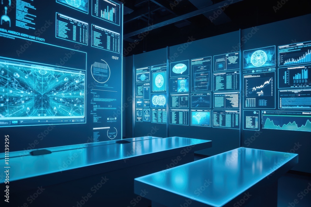 Poster advanced control room with holographic displays and digital interfaces for data analysis and monitor
