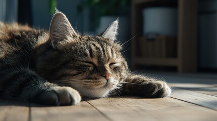 Naklejka premium Relaxing cat portrait in cozy home lifestyle bright sunlit room serenity and comfort