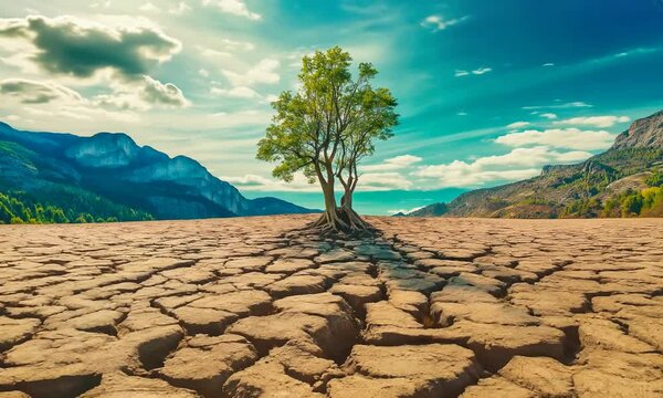Drought exposes cracks in the earth, yet a lone tree bravely stands, showcasing natures resilience against a backdrop of majestic mountains and sky.