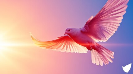 Fototapeta premium Pink dove in flight against a vibrant sunset. Symbol of peace and hope.