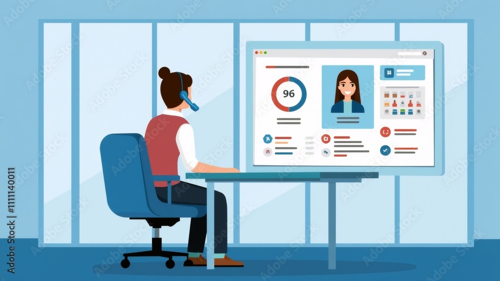 Poster the image shows a woman sitting at a desk in front of a large computer monitor. she is wearing a red