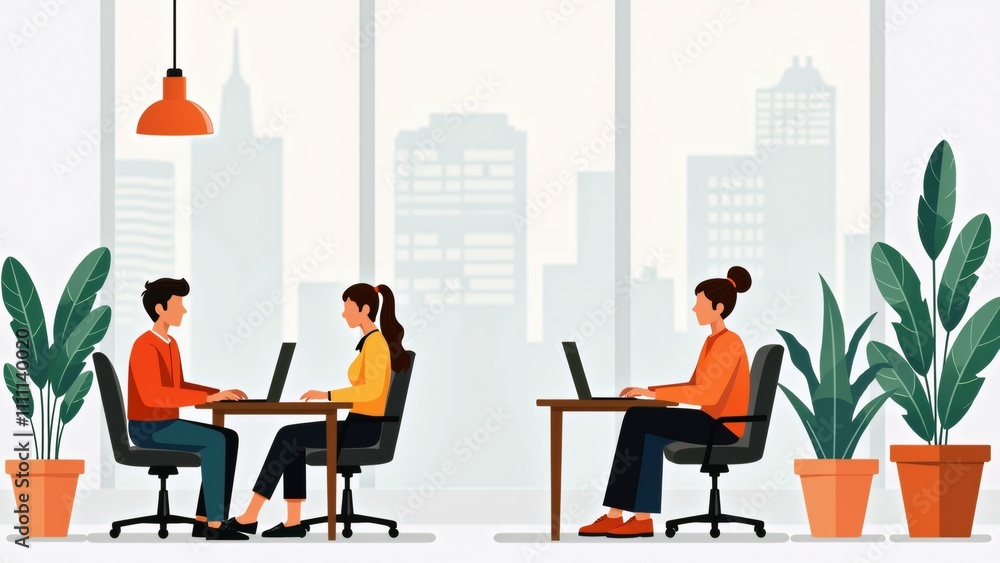 Poster the image shows three people sitting at a desk in an office with a large window in the background. t