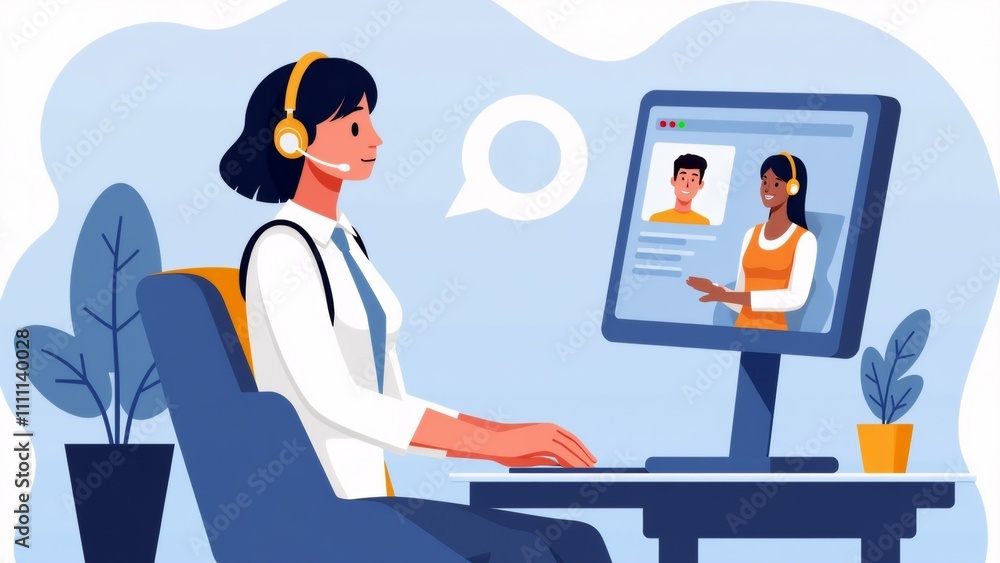 Poster the image shows a woman sitting at a desk in front of a computer monitor. she is wearing a headset a