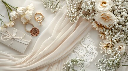 White roses and baby's breath with gold wedding rings, a gift box, and soft beige tulle fabric. Elegant flat lay composition for bridal and wedding themes.

