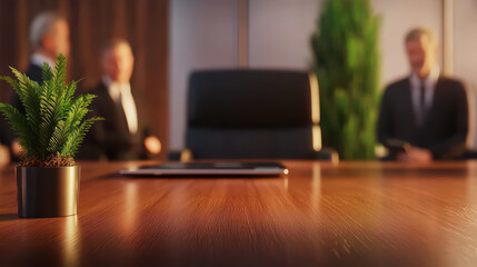 modern office setting featuring plant on conference table, with blurred figures in background engaged in discussion. atmosphere is professional and inviting