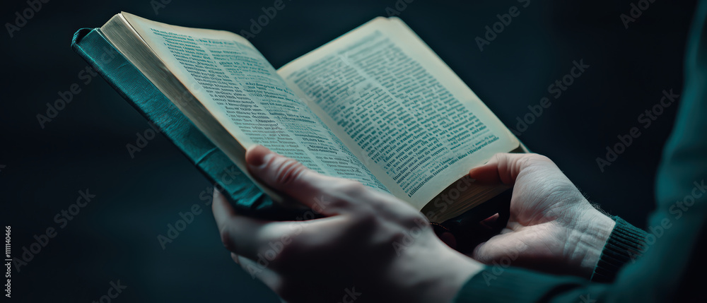 Poster person reading book with focused attention in dimly lit space. pages are filled with text, creating 