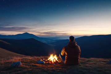 Obraz premium person enjoys peaceful night by campfire in mountains, surrounded by nature beauty and starry sky. serene atmosphere evokes sense of tranquility and reflection