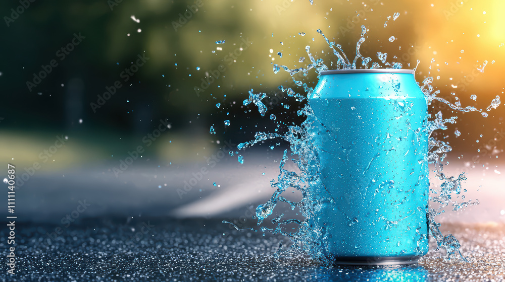 Poster refreshing blue soda can splashing in sunlight, creating vibrant scene with water droplets. bright c
