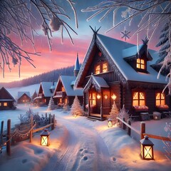 Obraz premium Winter Wonderland at Dawn with Snowy Cottages and Lanterns