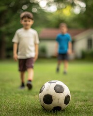 Obraz premium Children playing soccer in a backyard action shot outdoor activity natural setting dynamic viewpoint fun concept