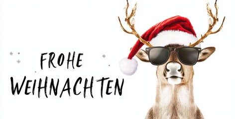 Frohe Weihnachten Urlaub Winter Grußkarte mit deutschem Text - Cooles Rentier Hirsch mit Weihnachtsmannmütze und Sonnenbrille, isoliert auf weissem Hintergrund