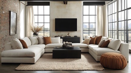  Contemporary room with large sectional sofa, lcd tv panel, neutral tones, and modern decor accents. Minimalist home interior design of modern living room. 