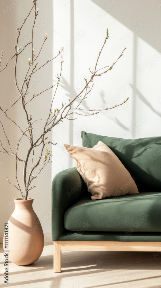 Wall mural Scandinavian interior design of living room. Stylish dark green sofa paired with light wooden furniture and decorative branches in a ceramic vase