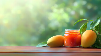 Fototapeta premium Jar of red sauce sits on a wooden table next to two mango