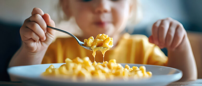 child enjoying plate of creamy macaroni and cheese, smiling with delight as they take bite. warm, cheesy dish is favorite comfort food