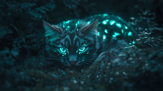 Glowing fur and shifting form of an ethereal shapeshifter amidst the undergrowth, nocturnal creature, shifting form, bioluminescent markings. Nocturnal. Illustration