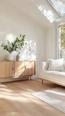 Scandinavian home design of a cozy living area. A white sofa is paired with modern decor and a vintage wooden sideboard for a clean, artistic look