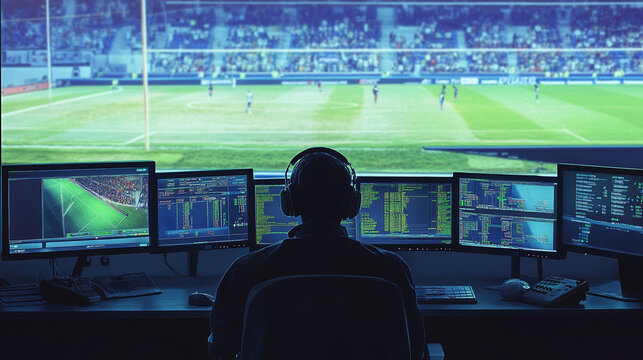 Sports Broadcasting Technician Monitoring Game Live  Multiple Screens  Stadium View